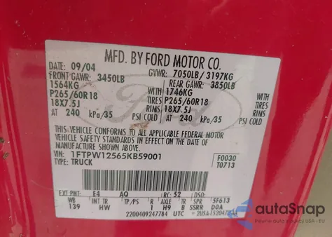 2005 Ford F-150 Lariat/Xlt from USA, damaged, VIN 1FTPW12565KB59001